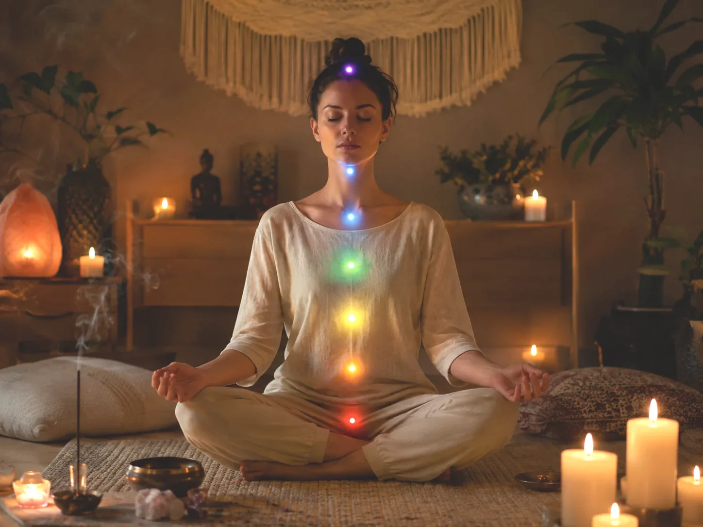Personne assise en méditation, centres énergétiques symbolisés le long du corps